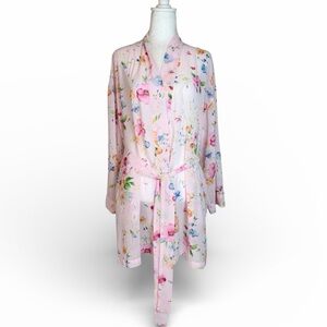 Victorias Secret Sheer Pink Floral Tie Waist Robe One Size EUC